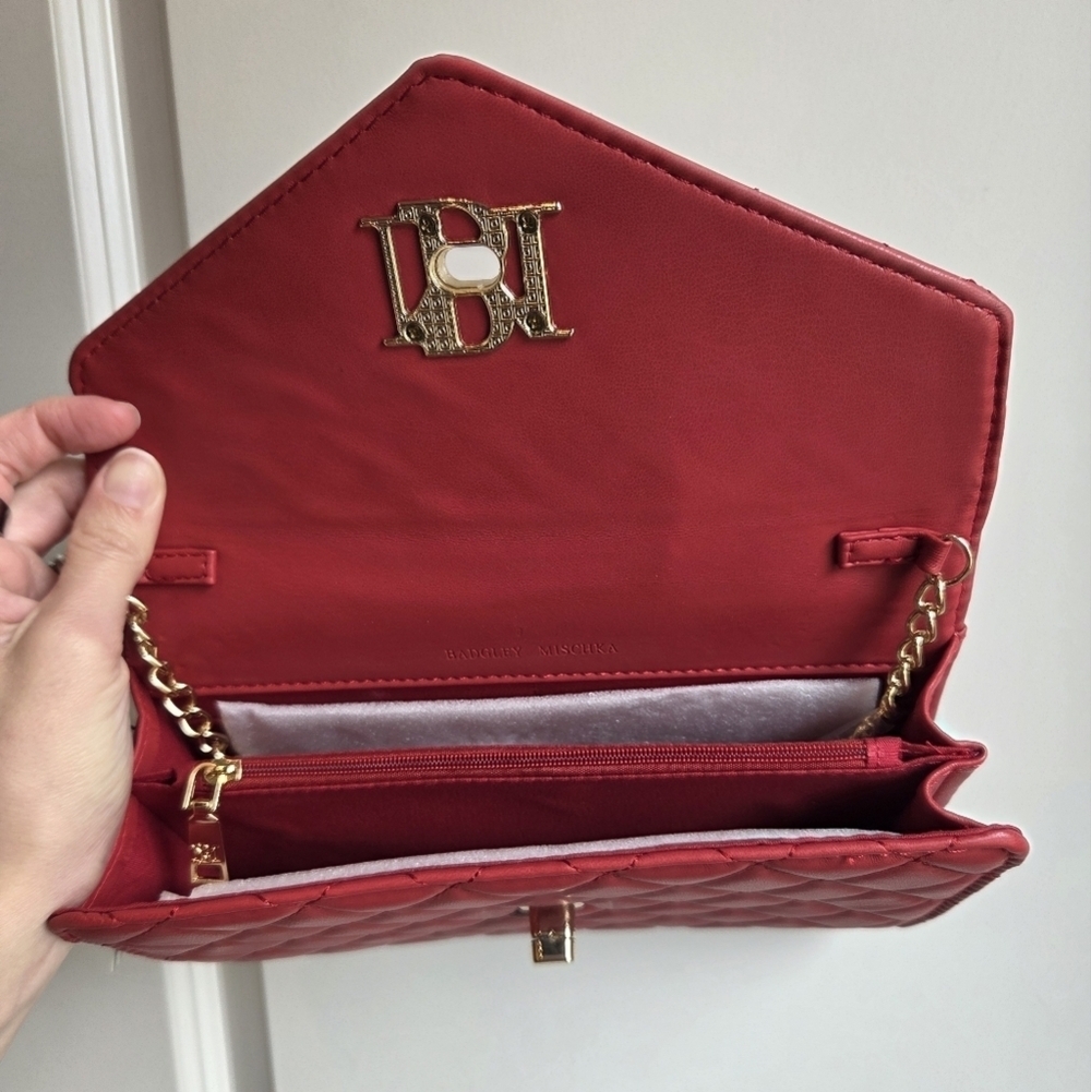 Badgley Mischka Red Quilted Clutch Or Crossbody Vegan Leather New With Tags - Picture 3 of 4